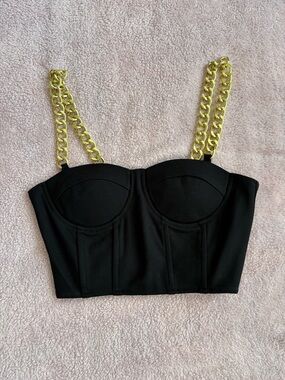 Forever 21 Black Bustier Crop Top with Gold Chain Straps